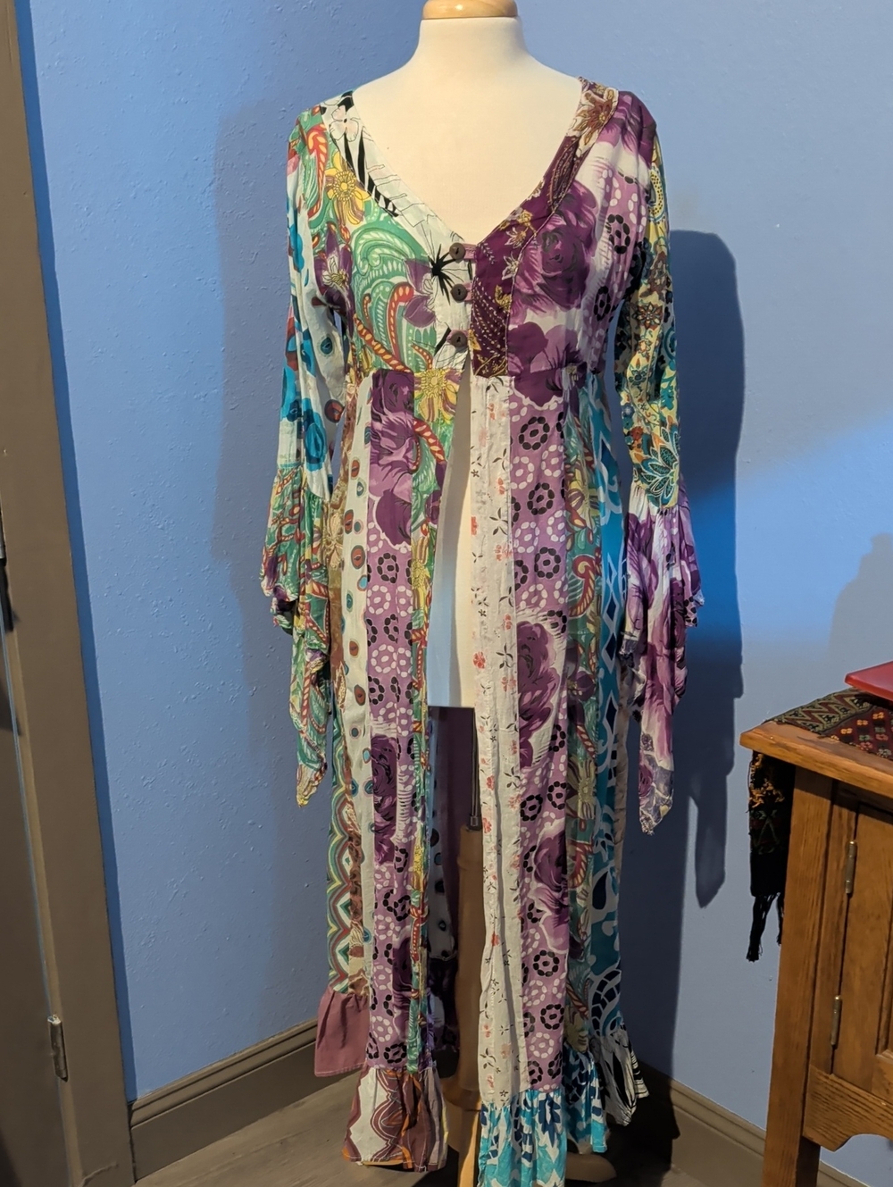Jayli Bohemian Floral Patchwork Gypsy Duster - Purple & Teal